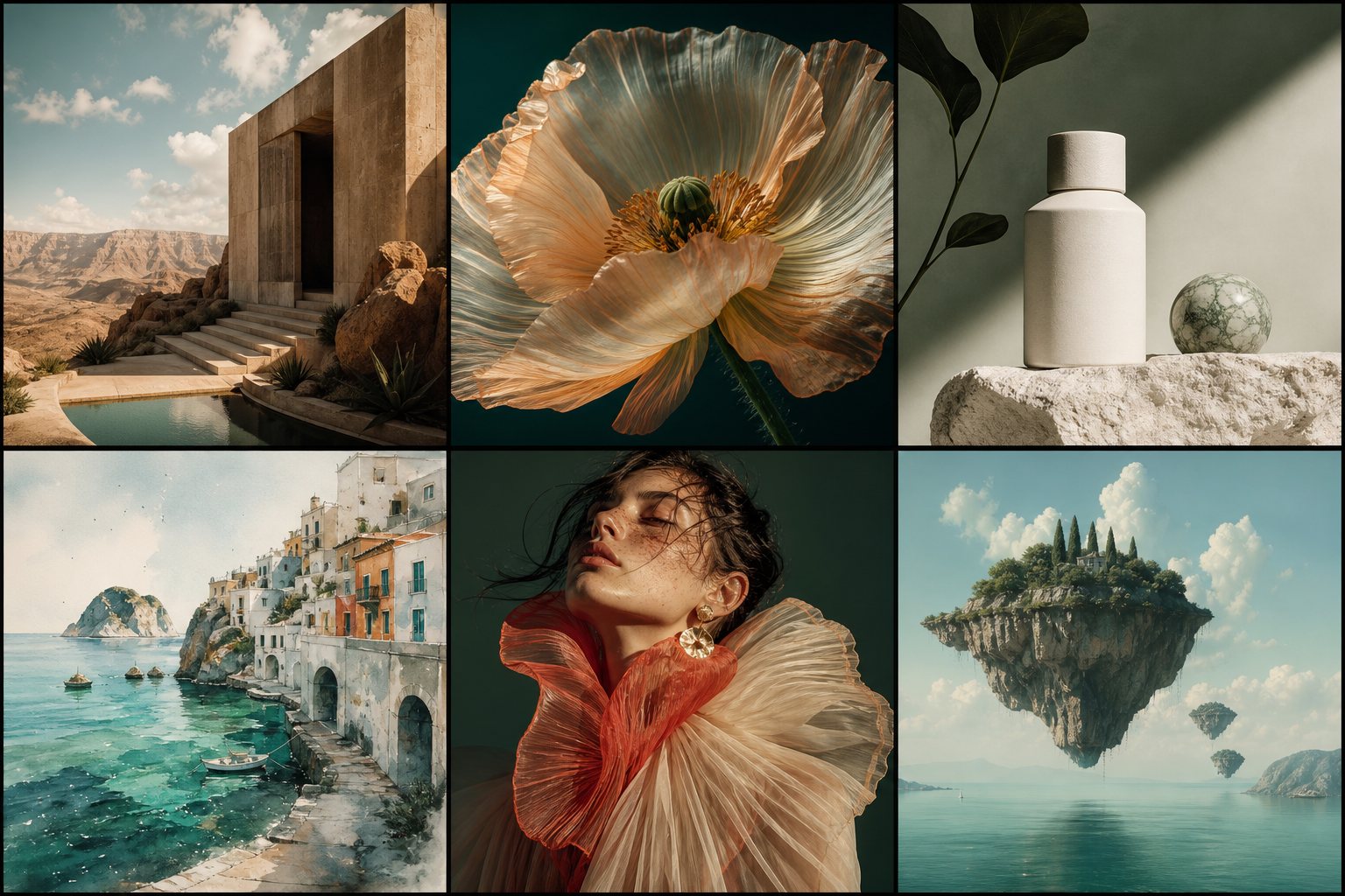 Six visual styles including architecture, macro photography, product design, watercolor, fashion, and surreal art